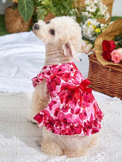 Floral Print Bow Decor Pet Dress - Great for the Summer