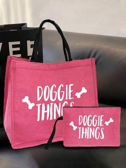 Dog Supplies "Dog Lover" Rose Red Bone Pattern Handbag Set, Gift For Dog Owners And Pet Lovers, Includes Cosmetic Bag And Mini Coin Purse, Bone Design Dogs Love, Great Gift For Mom, Teacher, Best Teacher Gift