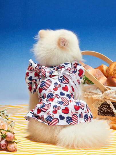 PETSIN Independence Day Flag, Love Letter Print, Small Flying Sleeves, Pet Cat And Dog Dress, Detachable Bow, D-Buckle, Traction Ring, Pet Universal Dress