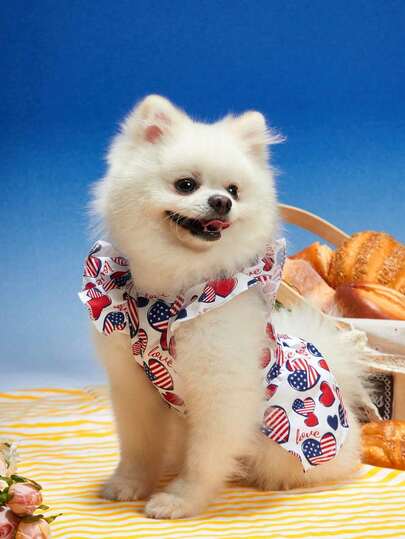 PETSIN Independence Day Flag, Love Letter Print, Small Flying Sleeves, Pet Cat And Dog Dress, Detachable Bow, D-Buckle, Traction Ring, Pet Universal Dress