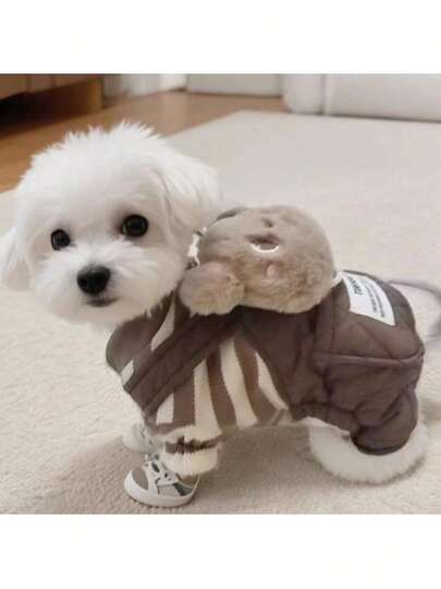 1pc Autumn/Winter Warm Thermal Lined Striped Bib Pants, Pet Clothes, Thick Soft Padded Dog Coat, Teddy/Panda Puppy Outfit, Keeps Warm Through Winter