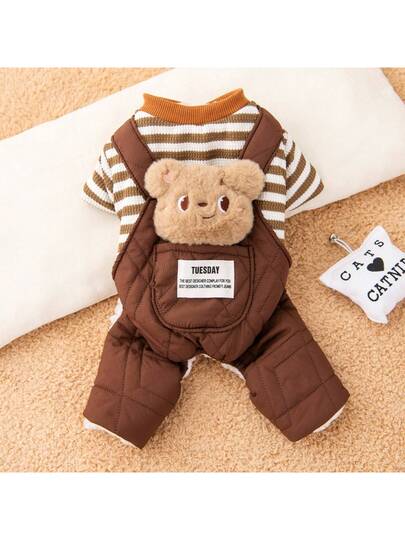 1pc Autumn/Winter Warm Thermal Lined Striped Bib Pants, Pet Clothes, Thick Soft Padded Dog Coat, Teddy/Panda Puppy Outfit, Keeps Warm Through Winter