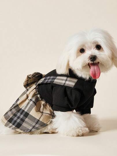 1pc Pet High Collar Puff Sleeve Oversized Bow-Tie Plaid Suspender Dress, Suitable For Cats And Dogs In Spring And Autumn