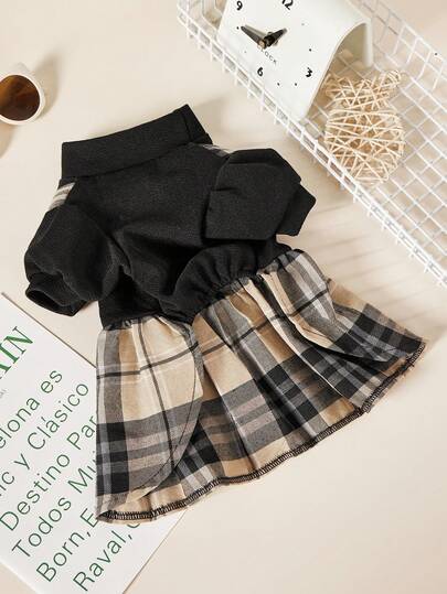 1pc Pet High Collar Puff Sleeve Oversized Bow-Tie Plaid Suspender Dress, Suitable For Cats And Dogs In Spring And Autumn