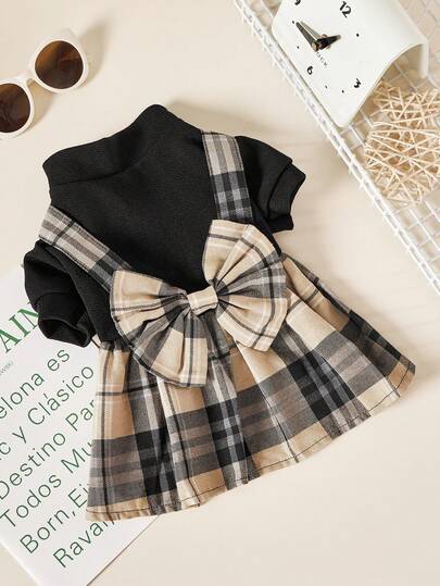 1pc Pet High Collar Puff Sleeve Oversized Bow-Tie Plaid Suspender Dress, Suitable For Cats And Dogs In Spring And Autumn