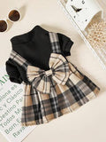 1pc Pet High Collar Puff Sleeve Oversized Bow-Tie Plaid Suspender Dress, Suitable For Cats And Dogs In Spring And Autumn