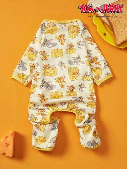 TOM & JERRY X PETSIN 1pc Cute Mouse Cat Eating Cheese Cartoon Cute Pattern Printed Pet Cat Dog Universal Four Leg Suit Elastic Comfortable Dog Jumpsuit