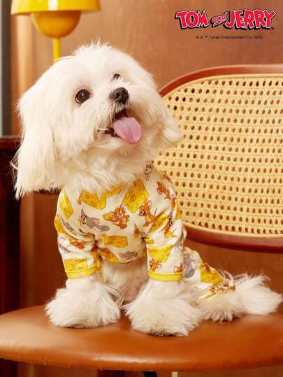 TOM & JERRY X PETSIN 1pc Cute Mouse Cat Eating Cheese Cartoon Cute Pattern Printed Pet Cat Dog Universal Four Leg Suit Elastic Comfortable Dog Jumpsuit