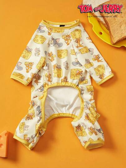 TOM & JERRY X PETSIN 1pc Cute Mouse Cat Eating Cheese Cartoon Cute Pattern Printed Pet Cat Dog Universal Four Leg Suit Elastic Comfortable Dog Jumpsuit