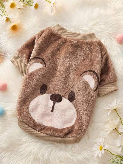 1 Pc Brown Teddy Bear Round Face Printed Flannel Sweatshirt, Autumn And Winter Thick Warm Pet Clothing