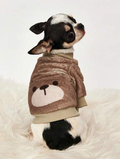 1 Pc Brown Teddy Bear Round Face Printed Flannel Sweatshirt, Autumn And Winter Thick Warm Pet Clothing
