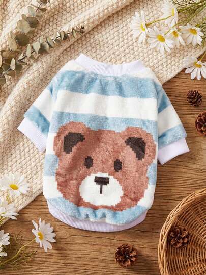 1 Pc Brown Bear Face Printed Flannel Sweatshirt Color Blocked Autumn And Winter Thick Warm Pet Clothing