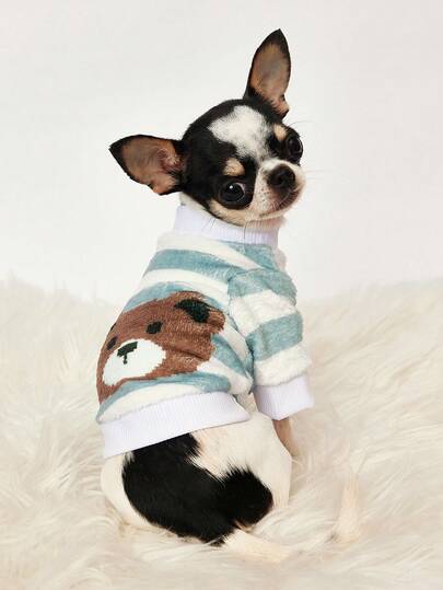 1 Pc Brown Bear Face Printed Flannel Sweatshirt Color Blocked Autumn And Winter Thick Warm Pet Clothing