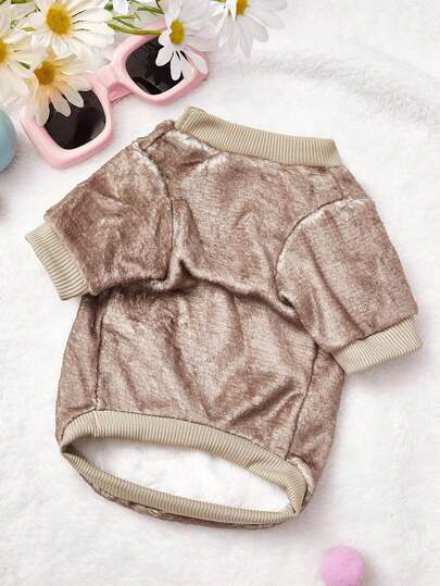 1 Pc Brown Teddy Bear Round Face Printed Flannel Sweatshirt, Autumn And Winter Thick Warm Pet Clothing