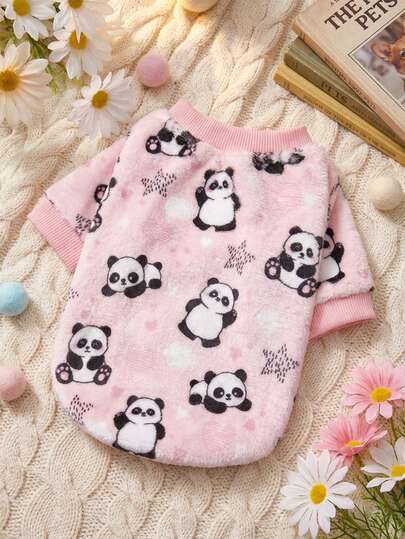 1 Printed Panda Flannel Sweatshirt, Pet Autumn And Winter Thick And Warm Pink Version