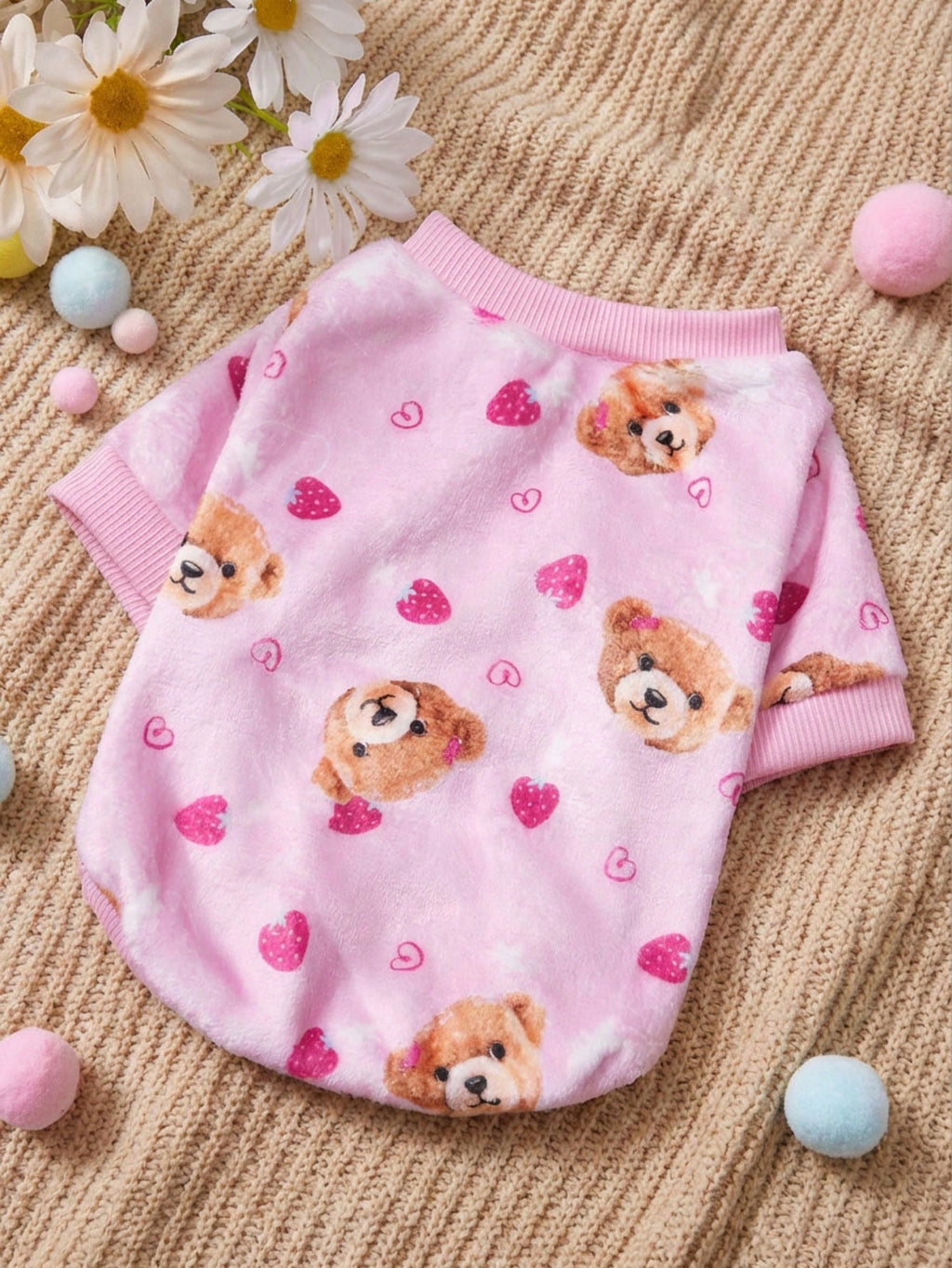 Printed Teddy Bear Love Flannel Sweatshirt, Pet Autumn And Winter Thick And Warm Pink Version