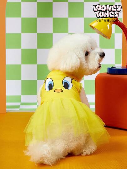 LOONEY TUNES X PETSIN 1 Small Yellow Duck Printed Pet Dress, Yellow Minimalist Style, Skin Friendly, Breathable Pet Clothing