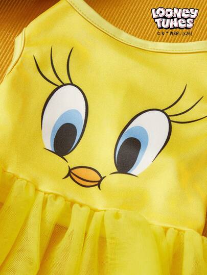 LOONEY TUNES X PETSIN 1 Small Yellow Duck Printed Pet Dress, Yellow Minimalist Style, Skin Friendly, Breathable Pet Clothing