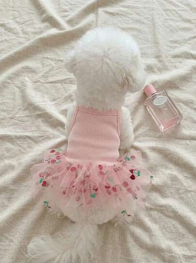 1pc Knitted Mesh Patchwork Pet Dog Princess Dress, Elegant Pink Cherry Print Camisole Dress For Small Dogs
