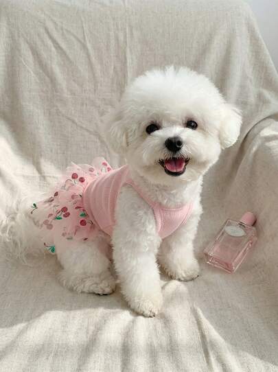 1pc Knitted Mesh Patchwork Pet Dog Princess Dress, Elegant Pink Cherry Print Camisole Dress For Small Dogs