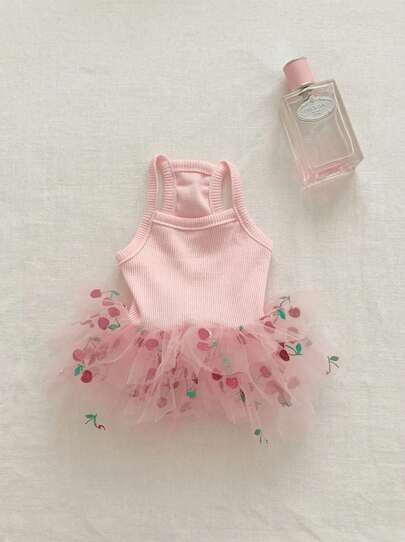 1pc Knitted Mesh Patchwork Pet Dog Princess Dress, Elegant Pink Cherry Print Camisole Dress For Small Dogs