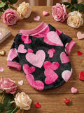 1 Pc Universal Pet Dog & Cat Warm Flannel Sweatshirt With Heart Print, Black & Pink