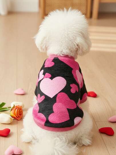 1 Pc Universal Pet Dog & Cat Warm Flannel Sweatshirt With Heart Print, Black & Pink
