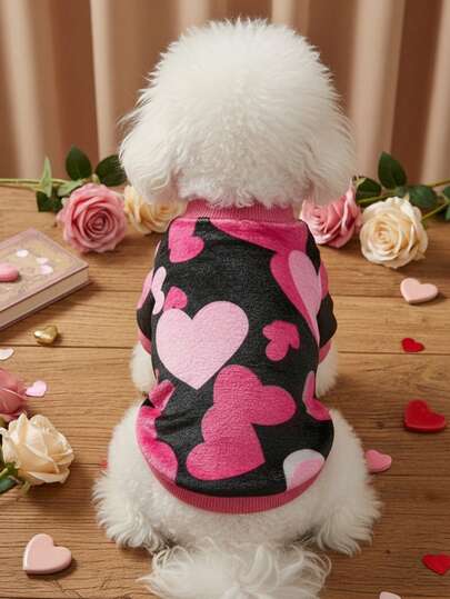 1 Pc Universal Pet Dog & Cat Warm Flannel Sweatshirt With Heart Print, Black & Pink