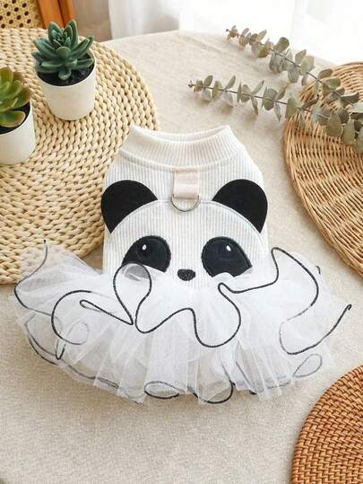 PETSIN 1pc Pet Clothing, Embroidered Cute Panda Cartoon Pattern Fluffy Skirt, Cat And Dog Universal Princess Style Dress