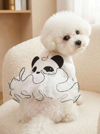PETSIN 1pc Pet Clothing, Embroidered Cute Panda Cartoon Pattern Fluffy Skirt, Cat And Dog Universal Princess Style Dress