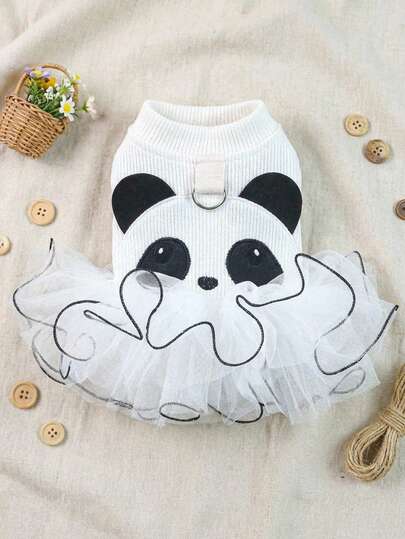 PETSIN 1pc Pet Clothing, Embroidered Cute Panda Cartoon Pattern Fluffy Skirt, Cat And Dog Universal Princess Style Dress