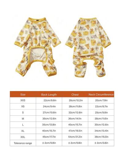 TOM & JERRY X PETSIN 1pc Cute Mouse Cat Eating Cheese Cartoon Cute Pattern Printed Pet Cat Dog Universal Four Leg Suit Elastic Comfortable Dog Jumpsuit