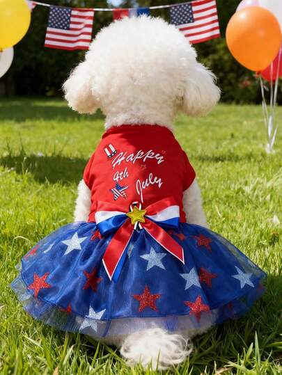 PETSIN 1pc Polyester Independence Day Themed Glamorous Mesh Pet Dress, Red Base With Blue Sparkling Star And Butterfly Patterns, Suitable For Small To Medium Cats And Dogs To Wear Indoors Or Outdoors
