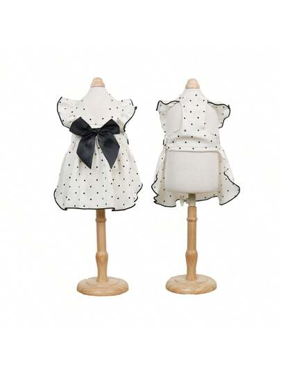 PETSIN 1 Piece French Retro Polka Dot Pet Dress With Large Bow & Ruffled Sleeves, Cute Princess Style For Small & Medium Dogs & Cats, Perfect For Outdoor Wear