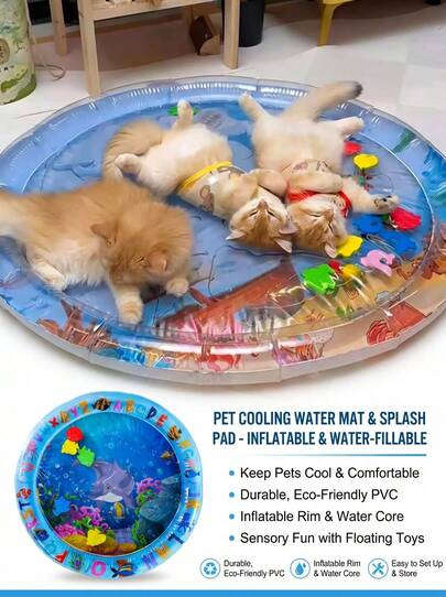 PETSIN Water Filled And Inflatable Round And Square Cat Water Sensory Play Mat, Pet Waterbed, Dog And Cat Summer Cooling Floor Mat, Animal Oasis Pet Water Sensory Mat, Waterbed Play Mat, Thickened PVC Anti-Scratch, Feel Cool And Comfortable Pet Mat