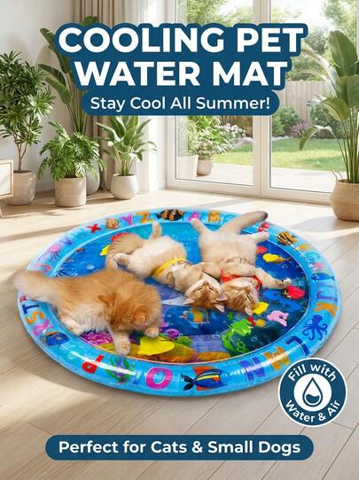 PETSIN Water Filled And Inflatable Round And Square Cat Water Sensory Play Mat, Pet Waterbed, Dog And Cat Summer Cooling Floor Mat, Animal Oasis Pet Water Sensory Mat, Waterbed Play Mat, Thickened PVC Anti-Scratch, Feel Cool And Comfortable Pet Mat