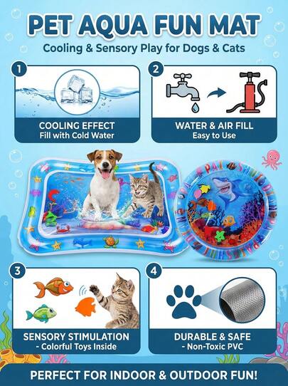 PETSIN Water Filled And Inflatable Round And Square Cat Water Sensory Play Mat, Pet Waterbed, Dog And Cat Summer Cooling Floor Mat, Animal Oasis Pet Water Sensory Mat, Waterbed Play Mat, Thickened PVC Anti-Scratch, Feel Cool And Comfortable Pet Mat