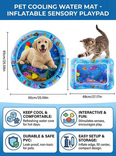 PETSIN Water Filled And Inflatable Round And Square Cat Water Sensory Play Mat, Pet Waterbed, Dog And Cat Summer Cooling Floor Mat, Animal Oasis Pet Water Sensory Mat, Waterbed Play Mat, Thickened PVC Anti-Scratch, Feel Cool And Comfortable Pet Mat