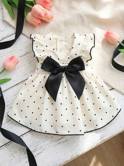 PETSIN 1 Piece French Retro Polka Dot Pet Dress With Large Bow & Ruffled Sleeves, Cute Princess Style For Small & Medium Dogs & Cats, Perfect For Outdoor Wear
