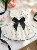 PETSIN 1 Piece French Retro Polka Dot Pet Dress With Large Bow & Ruffled Sleeves, Cute Princess Style For Small & Medium Dogs & Cats, Perfect For Outdoor Wear