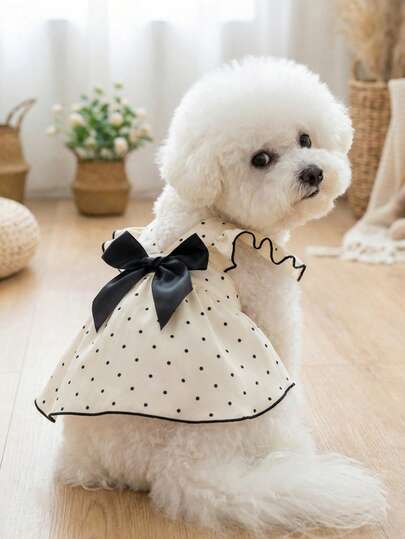 PETSIN 1 Piece French Retro Polka Dot Pet Dress With Large Bow & Ruffled Sleeves, Cute Princess Style For Small & Medium Dogs & Cats, Perfect For Outdoor Wear