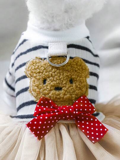 PETSIN 1pc Embroidered Cute Teddy Bear Pattern Striped Pet Puffy Skirt, Cat/Dog Universal Clothing, Princess Style Thin Pullover Dress
