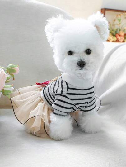 PETSIN 1pc Embroidered Cute Teddy Bear Pattern Striped Pet Puffy Skirt, Cat/Dog Universal Clothing, Princess Style Thin Pullover Dress