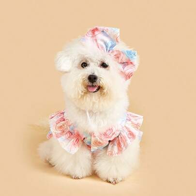 1pc Colorful Floral Bow Dress Pet Clothes, Fashionable Elegant Dress, Comfortable & Breathable Cute Cat/Dog Apparel For All Seasons