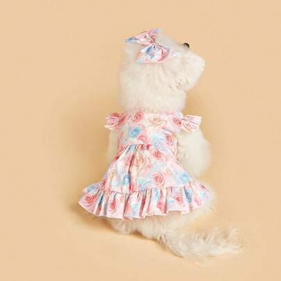 1pc Colorful Floral Bow Dress Pet Clothes, Fashionable Elegant Dress, Comfortable & Breathable Cute Cat/Dog Apparel For All Seasons