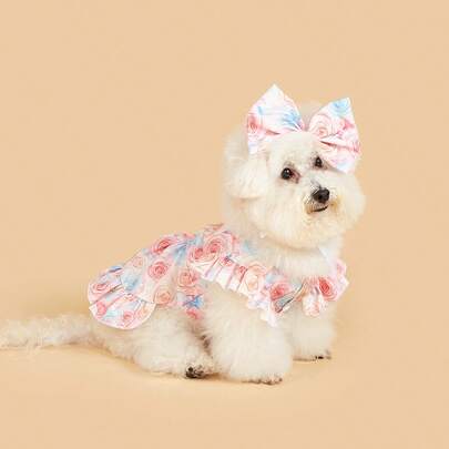 1pc Colorful Floral Bow Dress Pet Clothes, Fashionable Elegant Dress, Comfortable & Breathable Cute Cat/Dog Apparel For All Seasons