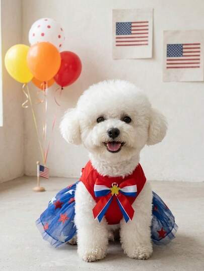 PETSIN 1pc Polyester Independence Day Themed Glamorous Mesh Pet Dress, Red Base With Blue Sparkling Star And Butterfly Patterns, Suitable For Small To Medium Cats And Dogs To Wear Indoors Or Outdoors