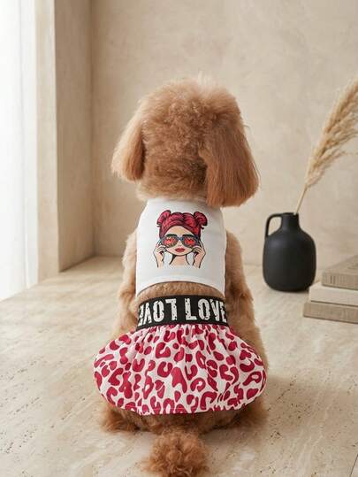 PETSIN 1pc Pet Dog Dress, 2pcs Set Dress, Cartoon Girl Leopard Print Dress, Suitable For Small/Medium , Cats, Lightweight Pet Clothes For Summer
