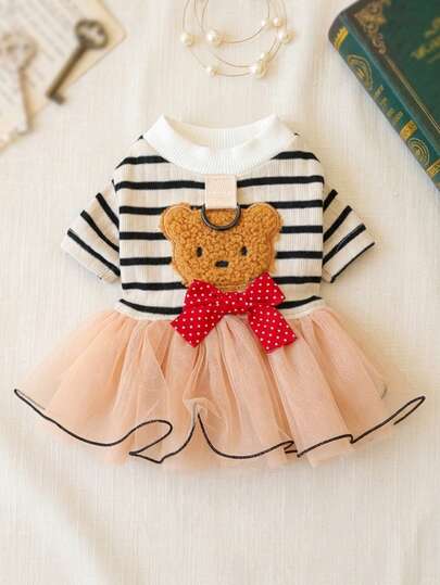 PETSIN 1pc Embroidered Cute Teddy Bear Pattern Striped Pet Puffy Skirt, Cat/Dog Universal Clothing, Princess Style Thin Pullover Dress