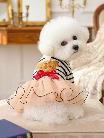 PETSIN 1pc Embroidered Cute Teddy Bear Pattern Striped Pet Puffy Skirt, Cat/Dog Universal Clothing, Princess Style Thin Pullover Dress